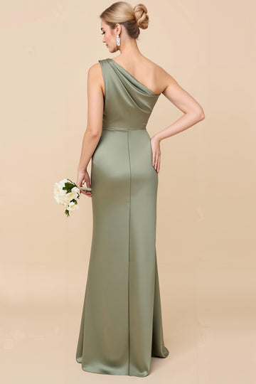 One Shoulder Sheath Eucalyptus Ruched Long Satin Bridesmaid Dress